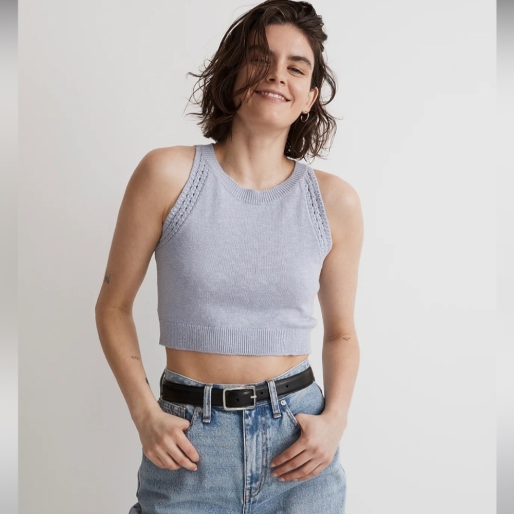 NWT Madewell Crochet-Trim Crop Sweater Tank XS Light Blue